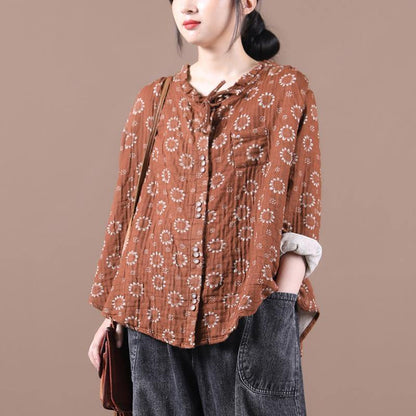 Beautiful brown print top silhouette o neck Button Down Dresses blouses - SooLinen