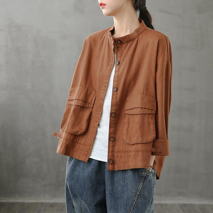 Beautiful chocolate Plus Size coats women design stand collar pockets coats - SooLinen