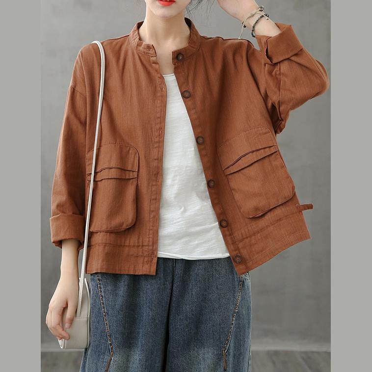 Beautiful chocolate Plus Size coats women design stand collar pockets coats - SooLinen