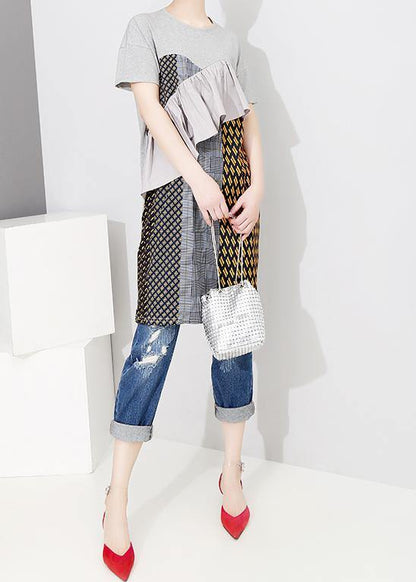 Beautiful cotton Tunics Drops Design Spliced Short Sleeve Round Neck Women Dress - SooLinen