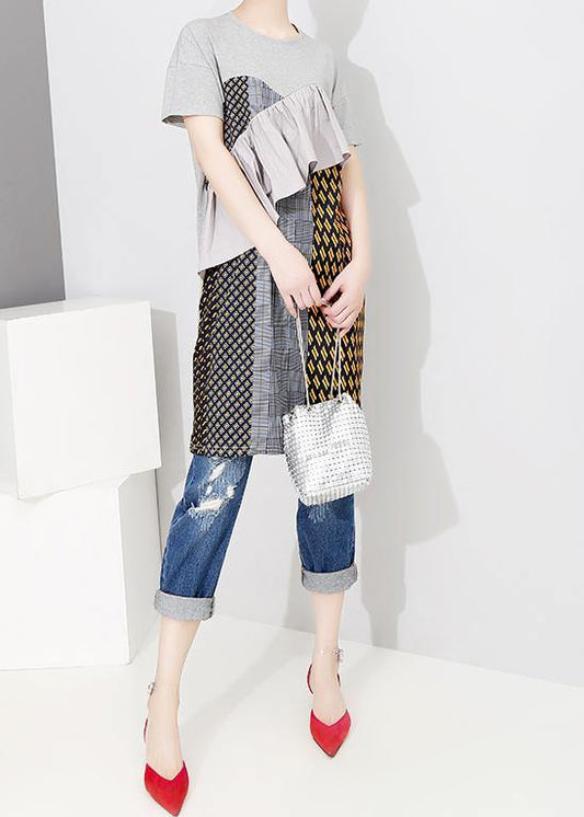 Beautiful cotton Tunics Drops Design Spliced Short Sleeve Round Neck Women Dress - SooLinen