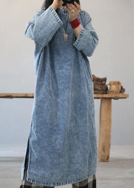 Beautiful cotton dress Fashion Retro Solid Color Frog Denim Blue Loose Dress - SooLinen