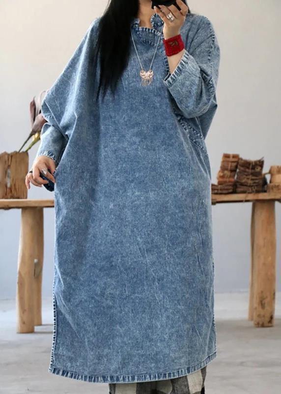 Beautiful cotton dress Fashion Retro Solid Color Frog Denim Blue Loose Dress - SooLinen