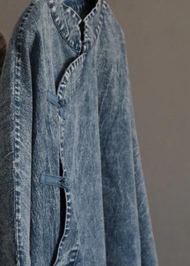 Beautiful cotton dress Fashion Retro Solid Color Frog Denim Blue Loose Dress - SooLinen