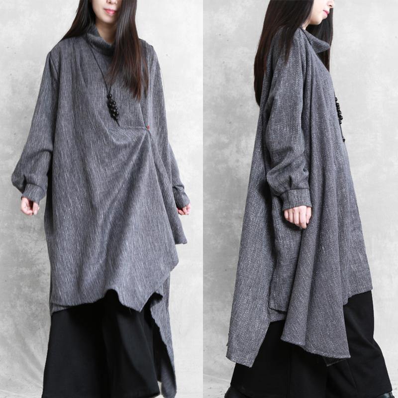 Beautiful gray Plaid linen clothes high neck asymmetric Traveling Dresses - SooLinen