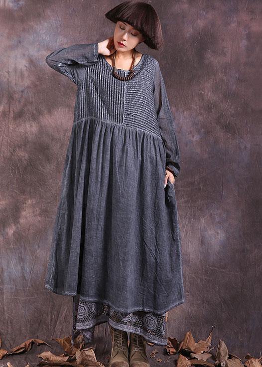 Beautiful gray long sleeve linen cotton clothes For Women Cinched long summer Dresses - SooLinen
