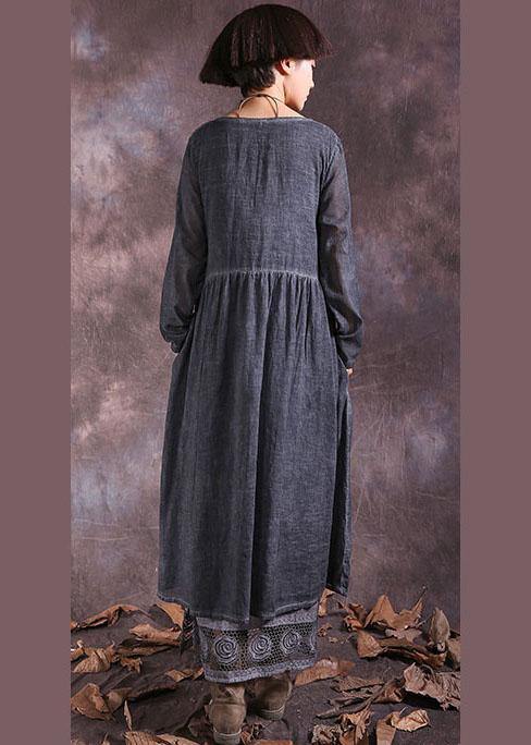 Beautiful gray long sleeve linen cotton clothes For Women Cinched long summer Dresses - SooLinen