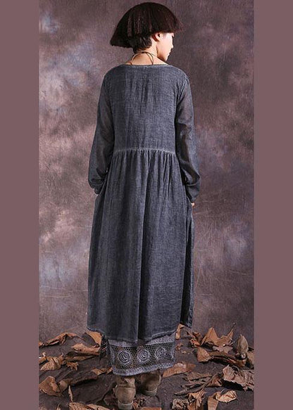Beautiful gray long sleeve linen cotton clothes For Women Cinched long summer Dresses - SooLinen