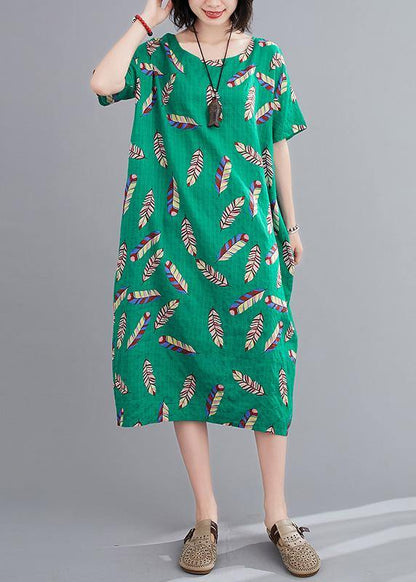 Beautiful green Feather print clothes o neck cotton robes Dresses - SooLinen