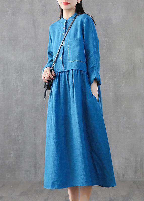 Beautiful green linen clothes For Women o neck patchwork Maxi spring Dresses - SooLinen