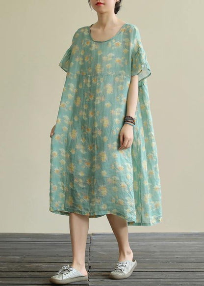 Beautiful green print linen clothes o neck loose summer Dresses - SooLinen