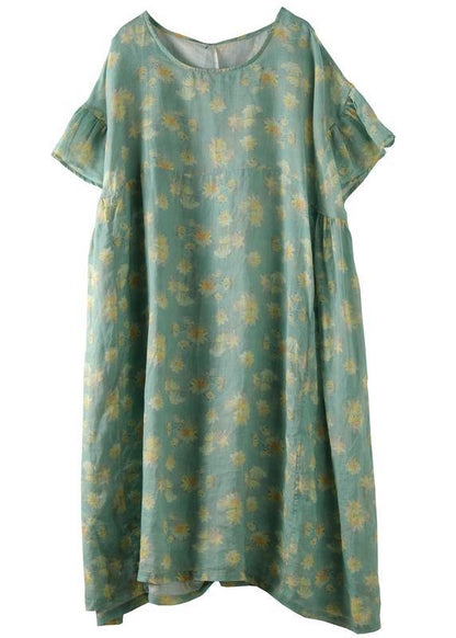 Beautiful green print linen clothes o neck loose summer Dresses - SooLinen
