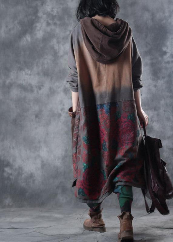 Beautiful hooded drawstring cotton Wardrobes design gray print Maxi Dresses fall - SooLinen