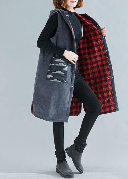 Beautiful hooded sleeveless fine spring maxi coat gray box outwear - SooLinen