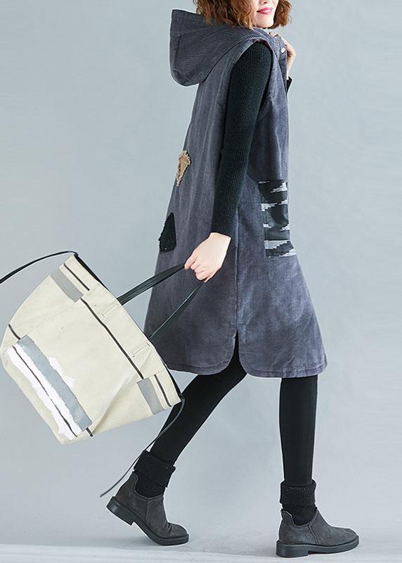 Beautiful hooded sleeveless fine spring maxi coat gray box outwear - SooLinen