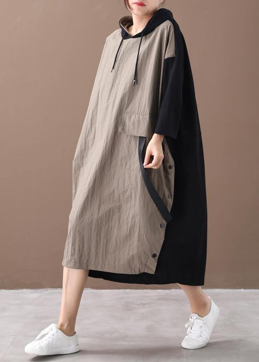 Beautiful khaki Long dress hooded patchwork long spring Dresses - SooLinen
