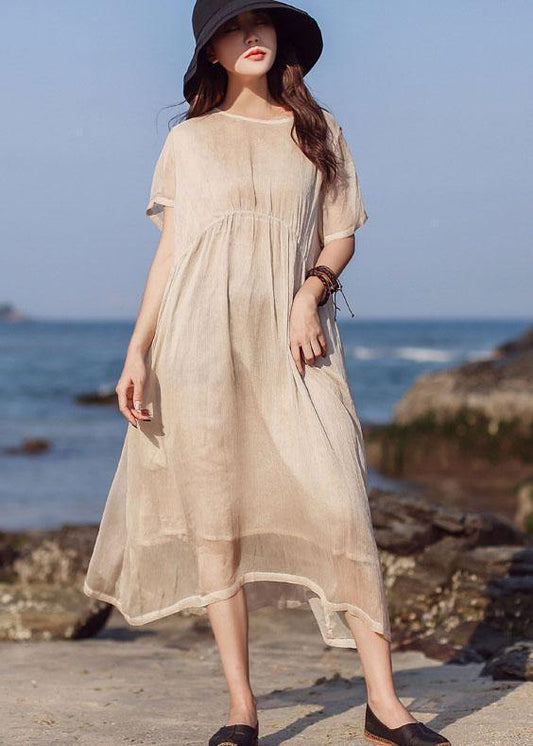 Beautiful khaki o neck cotton Tunics short sleeve long summer Dress - SooLinen