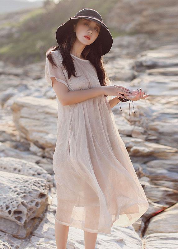 Beautiful khaki o neck cotton Tunics short sleeve long summer Dress - SooLinen