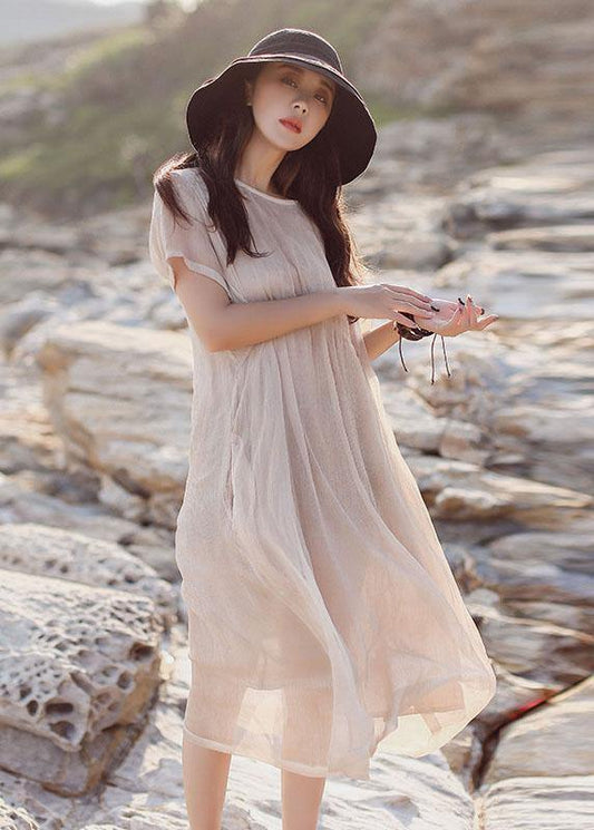 Beautiful khaki o neck cotton Tunics short sleeve long summer Dress - SooLinen