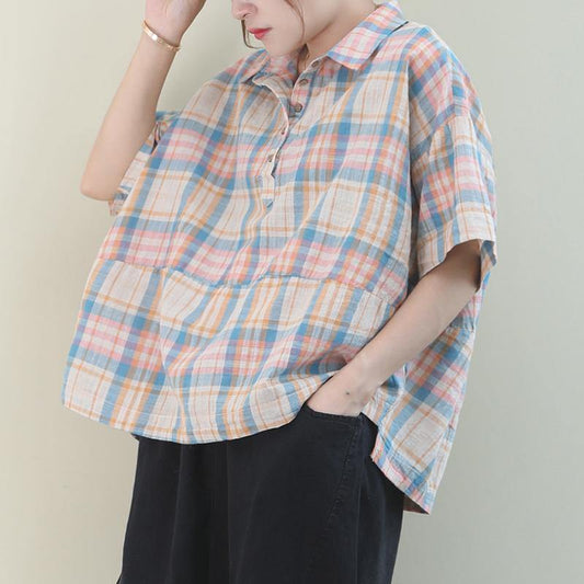 Beautiful khaki plaid cotton pattern lapel Button Down daily tops - SooLinen