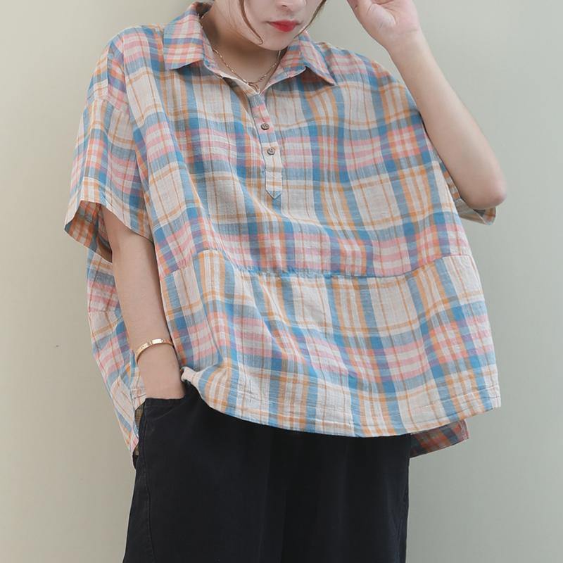 Beautiful khaki plaid cotton pattern lapel Button Down daily tops - SooLinen