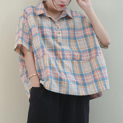 Beautiful khaki plaid cotton pattern lapel Button Down daily tops - SooLinen