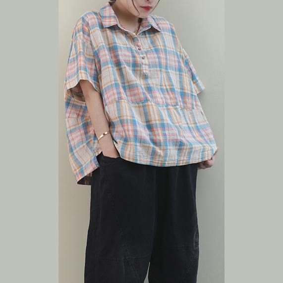 Beautiful khaki plaid cotton pattern lapel Button Down daily tops - SooLinen