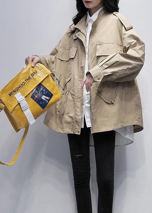 Beautiful khaki print Plus Size tunic pattern Wardrobes stand collar pockets women coats - SooLinen