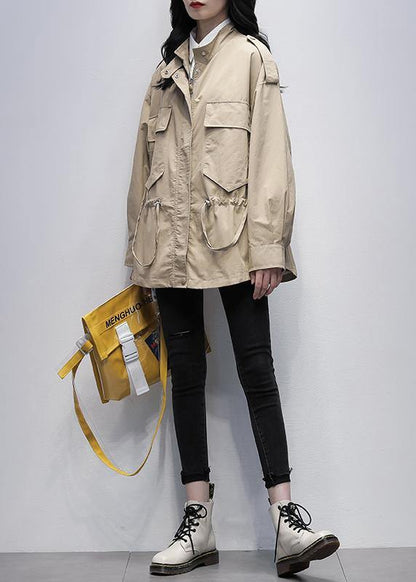 Beautiful khaki print Plus Size tunic pattern Wardrobes stand collar pockets women coats - SooLinen