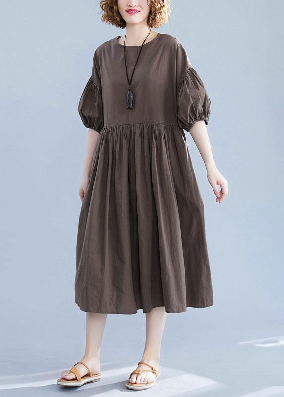 Beautiful lantern sleeve cotton quilting clothes Shape dark khaki o neck Plus Size Dress summer - SooLinen