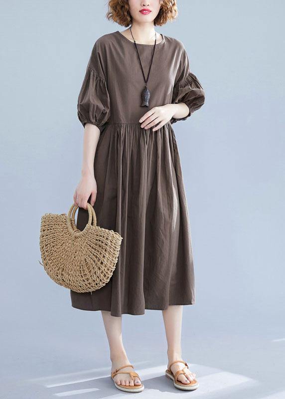 Beautiful lantern sleeve cotton quilting clothes Shape dark khaki o neck Plus Size Dress summer - SooLinen