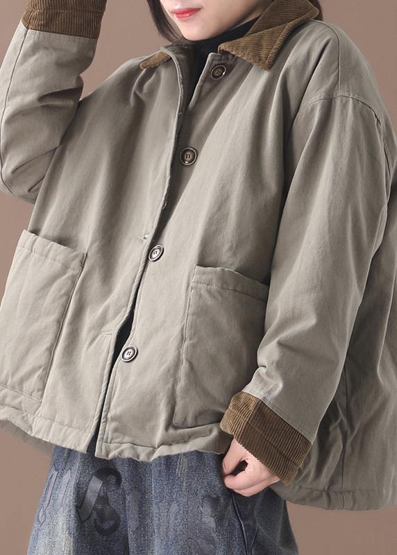 Beautiful lapel patchwork Fine coat army green cotton outwears - SooLinen