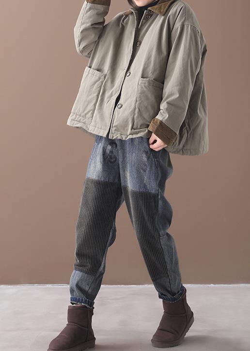 Beautiful lapel patchwork Fine coat army green cotton outwears - SooLinen