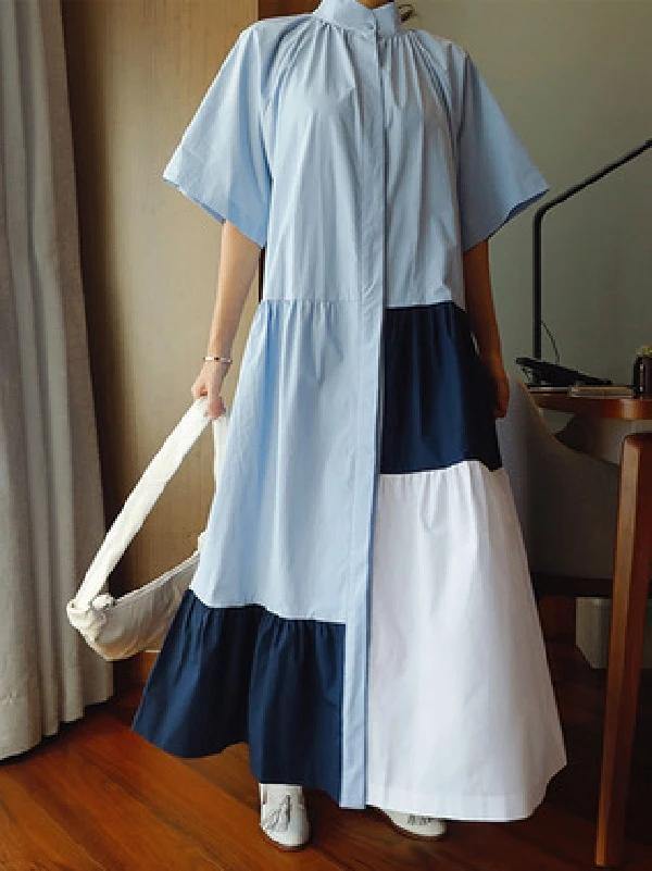 Beautiful lapel patchwork cotton clothes Runway blue Dresses - SooLinen