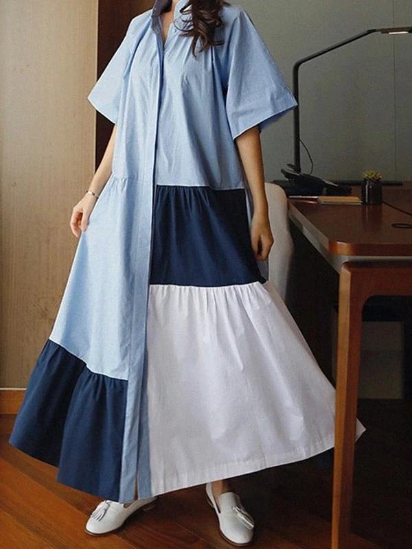 Beautiful lapel patchwork cotton clothes Runway blue Dresses - SooLinen