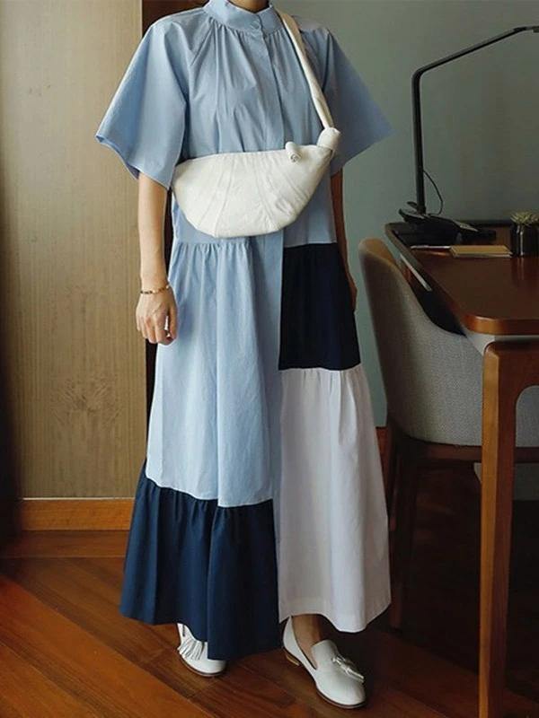 Beautiful lapel patchwork cotton clothes Runway blue Dresses - SooLinen