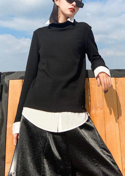 Beautiful lapel patchwork spring top silhouette Work Outfits black blouses - SooLinen