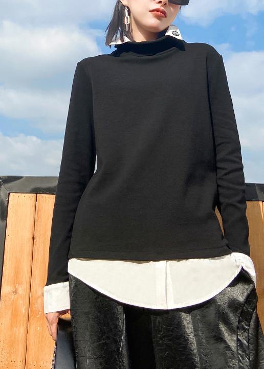 Beautiful lapel patchwork spring top silhouette Work Outfits black blouses - SooLinen