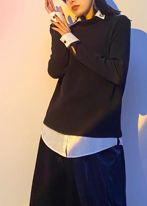 Beautiful lapel patchwork spring top silhouette Work Outfits black blouses - SooLinen