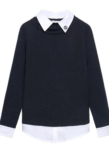 Beautiful lapel patchwork spring top silhouette Work Outfits black blouses - SooLinen