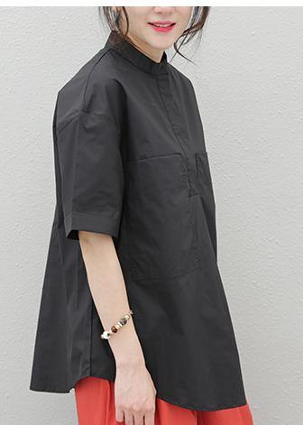 Beautiful lapel pockets cotton tops Tutorials black blouses - SooLinen