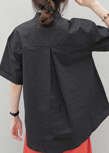 Beautiful lapel pockets cotton tops Tutorials black blouses - SooLinen