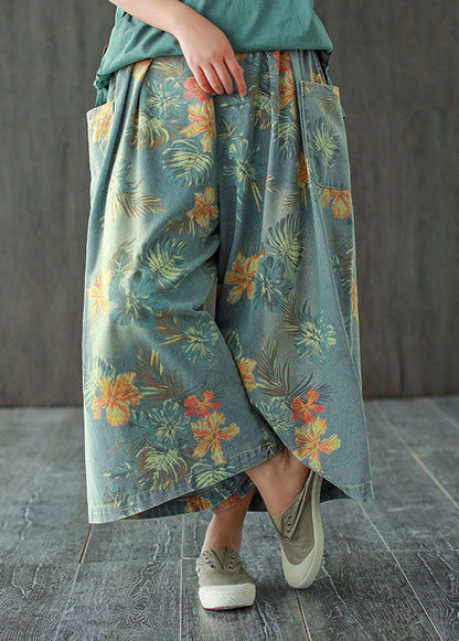 Schöne hellblaue elastische Taille Taschen Print Baumwolle weites Bein Hose Frühling