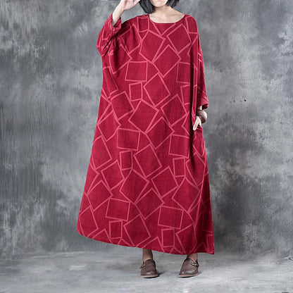 Schöne Leinenkleidung für Frauen Feines Leinen Dreiviertelärmeliges geometrisches Muster Rotes Kleid