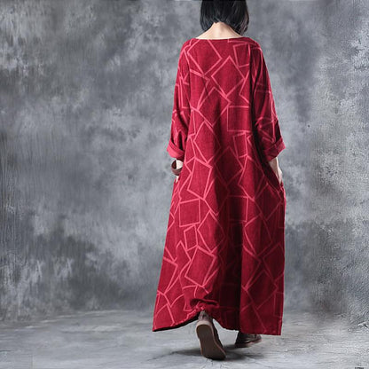 Schöne Leinenkleidung für Frauen Feines Leinen Dreiviertelärmeliges geometrisches Muster Rotes Kleid