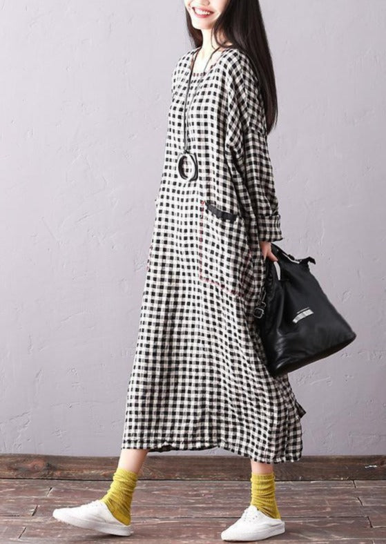 Schöne Leinenkleider Mode Fledermausärmel Damen Rundhals Plaid Schwarzes Kleid