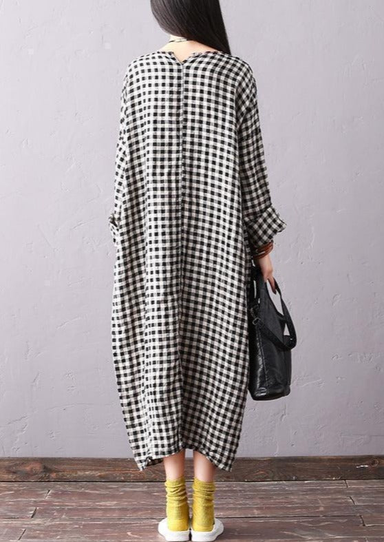 Schöne Leinenkleider Mode Fledermausärmel Damen Rundhals Plaid Schwarzes Kleid