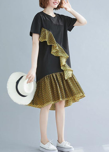 Beautiful o neck Ruffles Cotton summer clothes For Women black Dresses - SooLinen