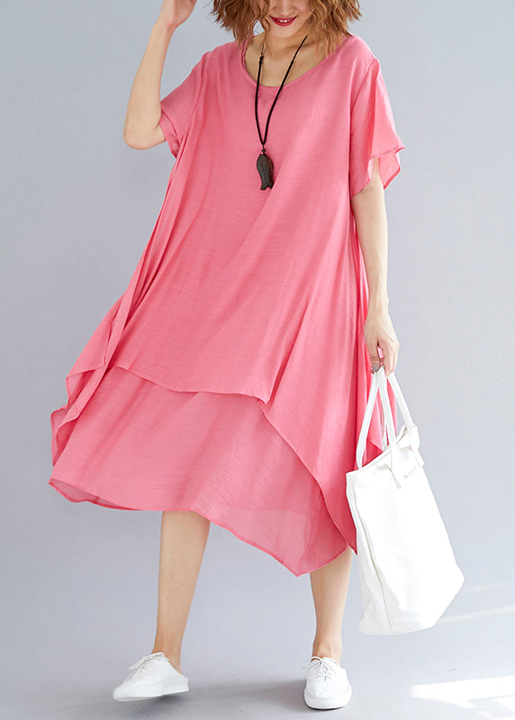 Wunderschönes asymmetrisches Leinenkleid mit Rundhalsausschnitt, Bio-Ausschnitt, rosa, Oversize-Kleid, Sommer