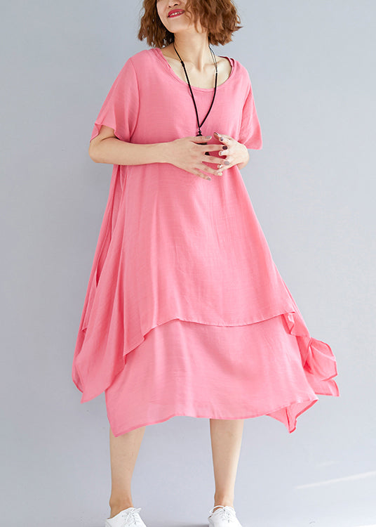 Wunderschönes asymmetrisches Leinenkleid mit Rundhalsausschnitt, Bio-Ausschnitt, rosa, Oversize-Kleid, Sommer